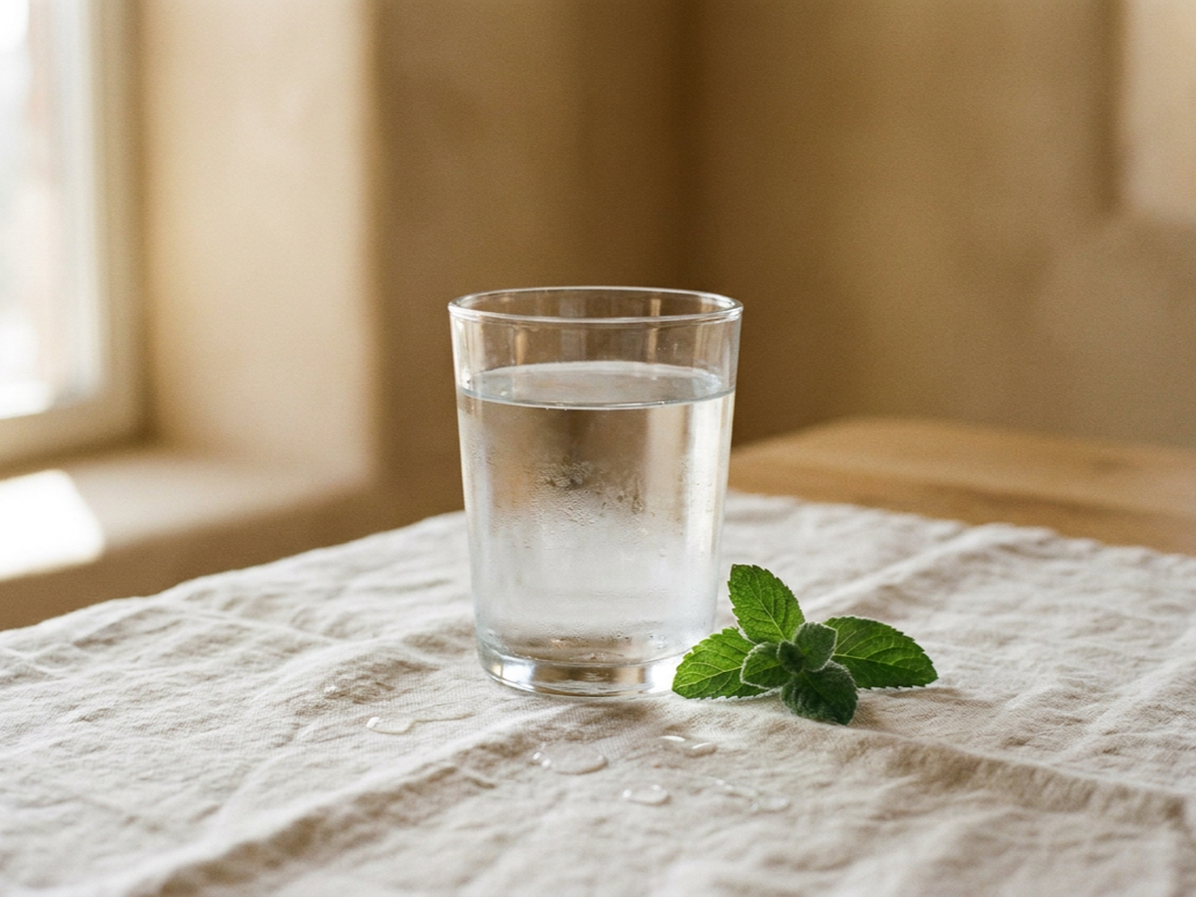 Glas vers water met een muntblaadje op linnen, voldoende water drinken