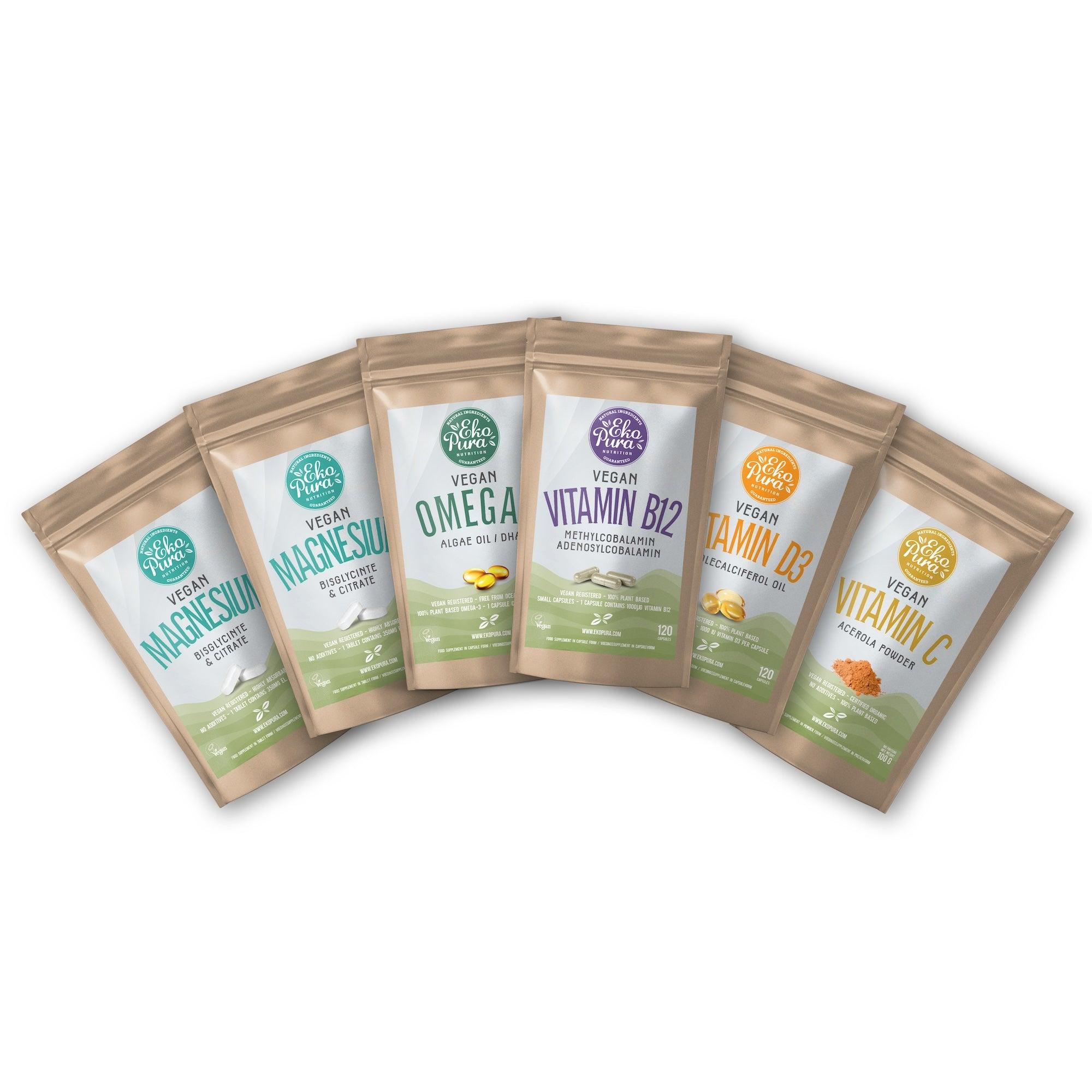 Ekopura natuurlijke supplementen: magnesium, omega 3, vitamine B12, D3 en vitamine C