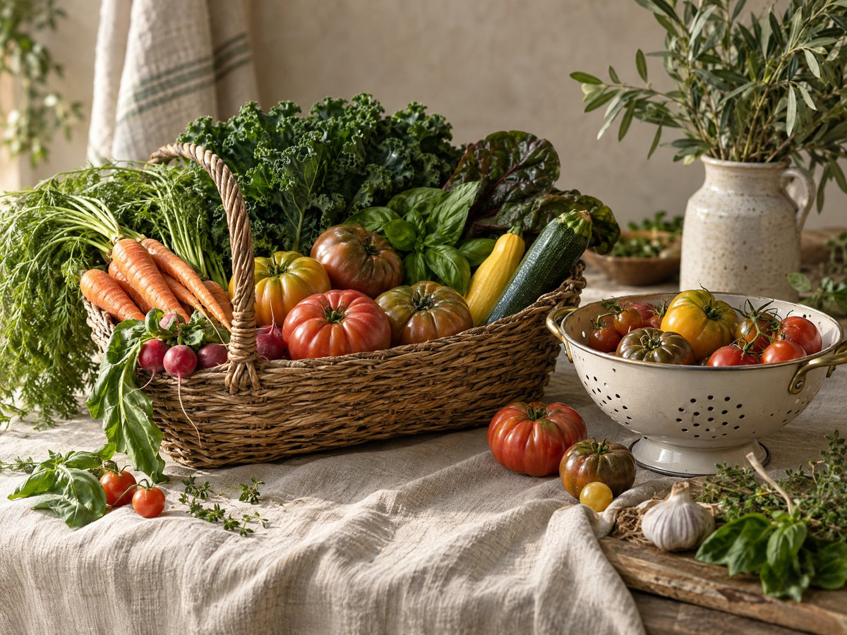 Verse biologische groente en tomaten in een mand en vergiet op linnen