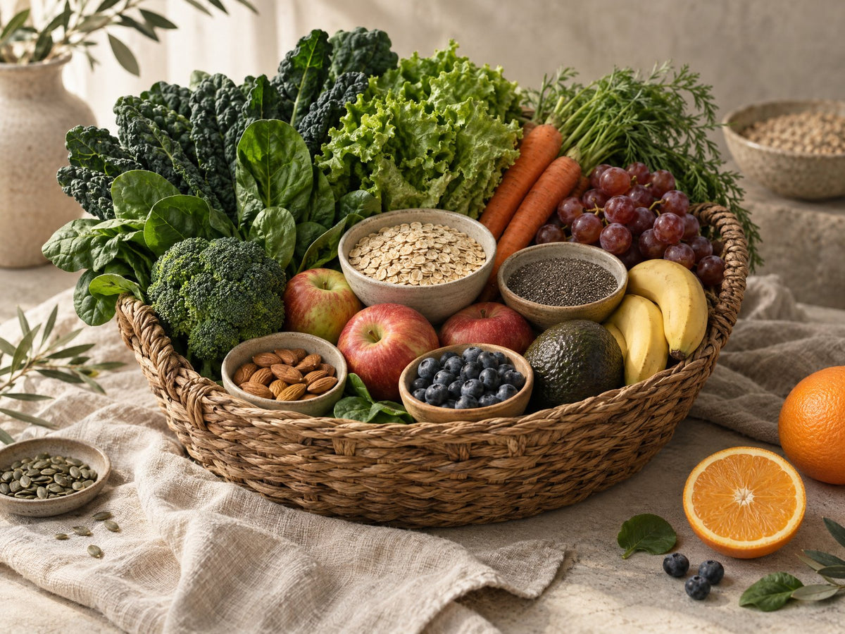 Verse biologische groente, granen en fruit in een rieten mand