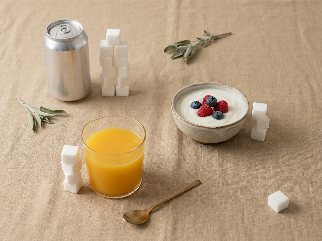 Producten met veel verborgen suiker: blikje frisdrank, glas vruchtensap en fruityoghurt, met suikerklontjes die de hoeveelheid suiker per product tonen