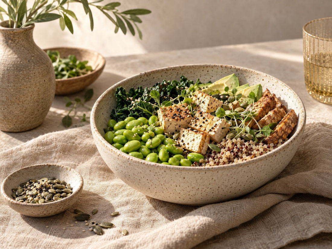 Edamame en tofu in een aardewerken kom op linnen