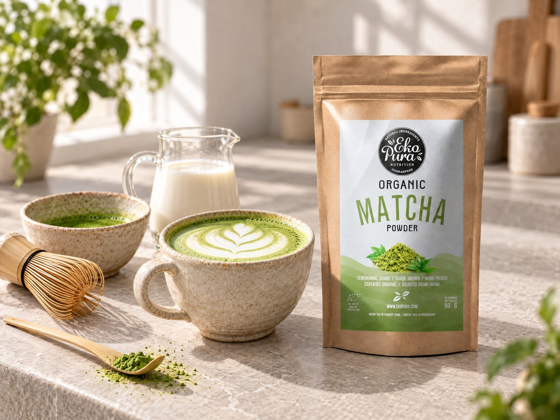 Matcha latte surmonté de mousse de lait, à côté d’Ekopura Poudre de Matcha Bio, d’un petit bol de matcha et d’un fouet en bambou