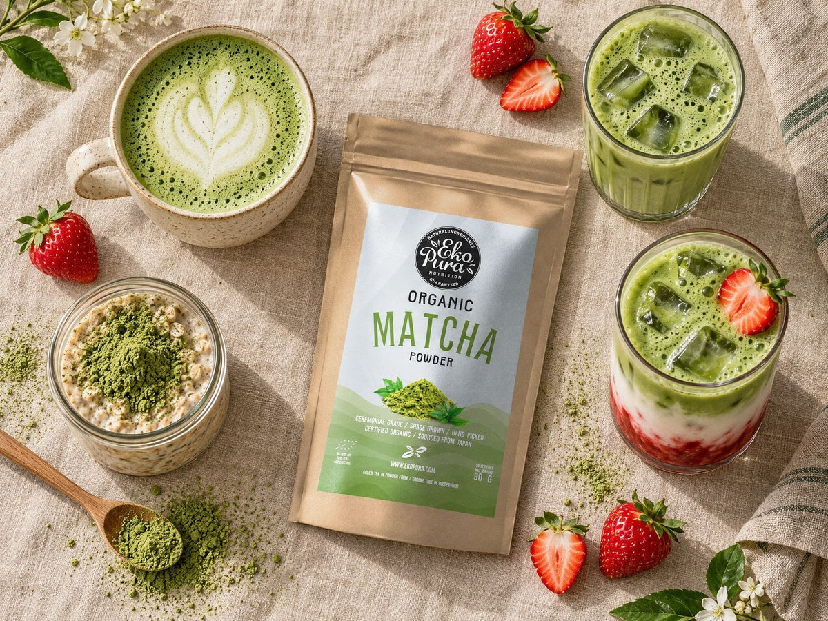 Matcha latte, iced matcha latte, strawberry matcha latte and overnight oats with matcha next to Ekopura Organic Matcha Powder