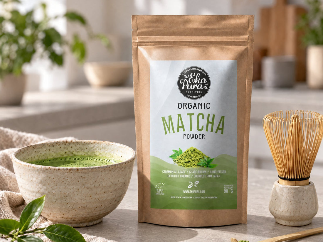 Ekopura Poudre de Matcha Bio sur un plan de travail en pierre gris clair, avec un bol de matcha et un fouet en bambou