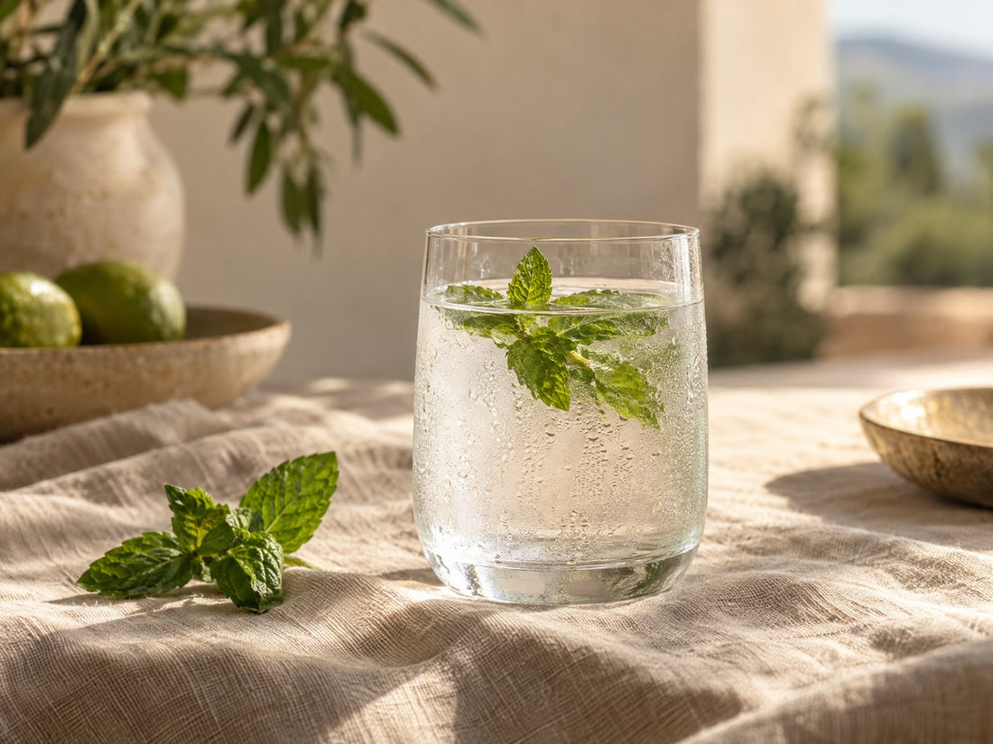 Glas koel water met munt op linnen bij zacht daglicht