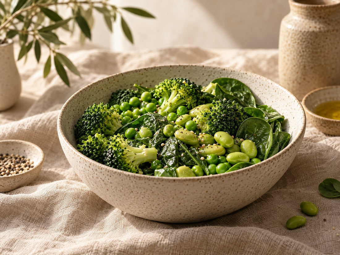 Broccoli, edamame en erwten in een aardewerken kom op linnen