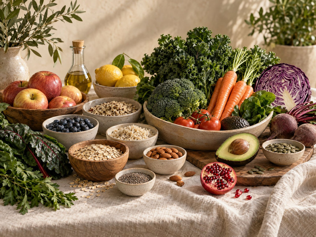 Verse groente, fruit en granen op linnen