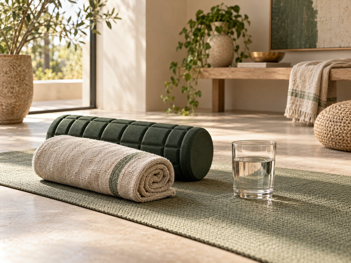 Herstelmoment met handdoek, foam roller en water op een mat bij daglicht