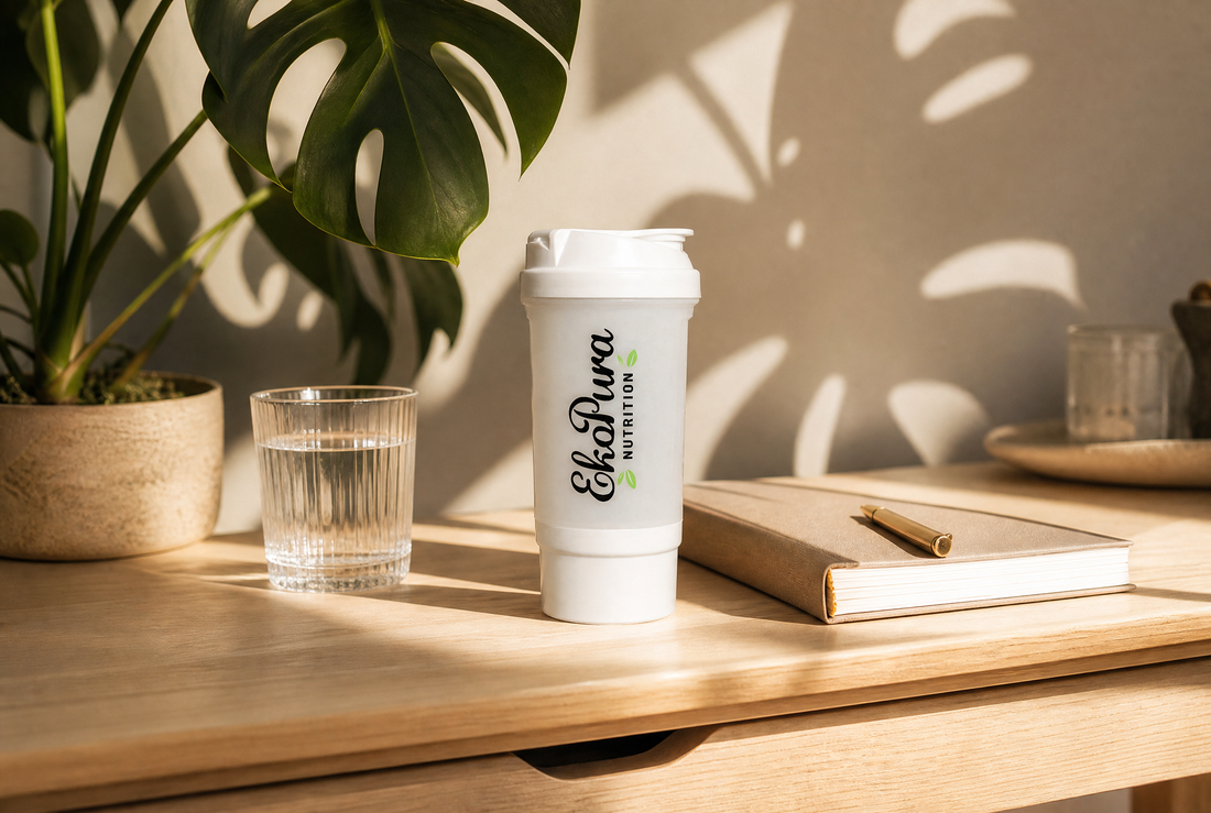 Ekopura shaker op een bureau met notitieboek, rustig ochtendritueel