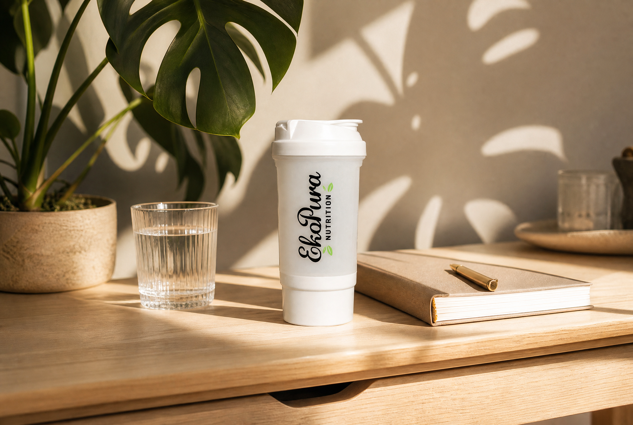 Ekopura shaker op een bureau met notitieboek, rustig ochtendritueel