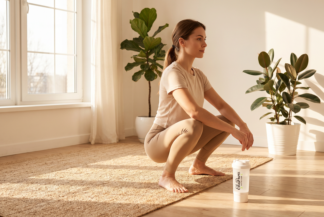 Vrouw voert de resting squat mobiliteitsoefening uit met een Ekopura shaker ernaast