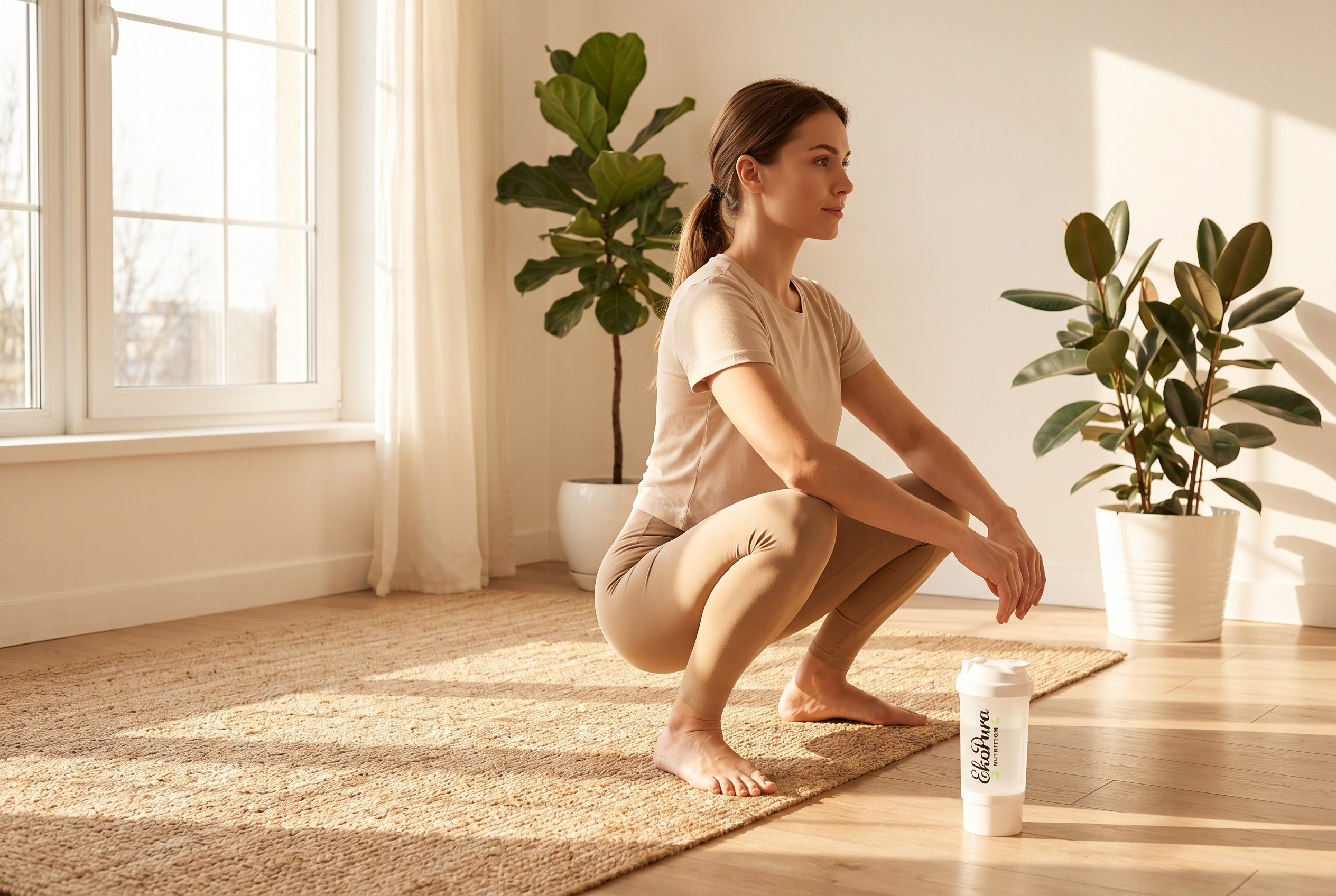 Vrouw voert de resting squat mobiliteitsoefening uit met een Ekopura shaker ernaast