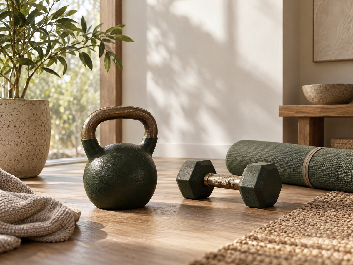 Kettlebell en halter op een houten vloer bij een mat en plant