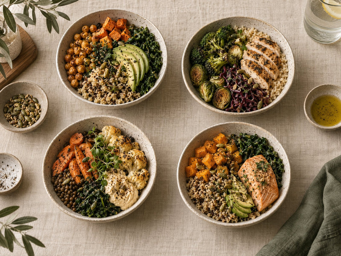 Uitgebalanceerde meal-prep bowls met granen, groente en eiwit