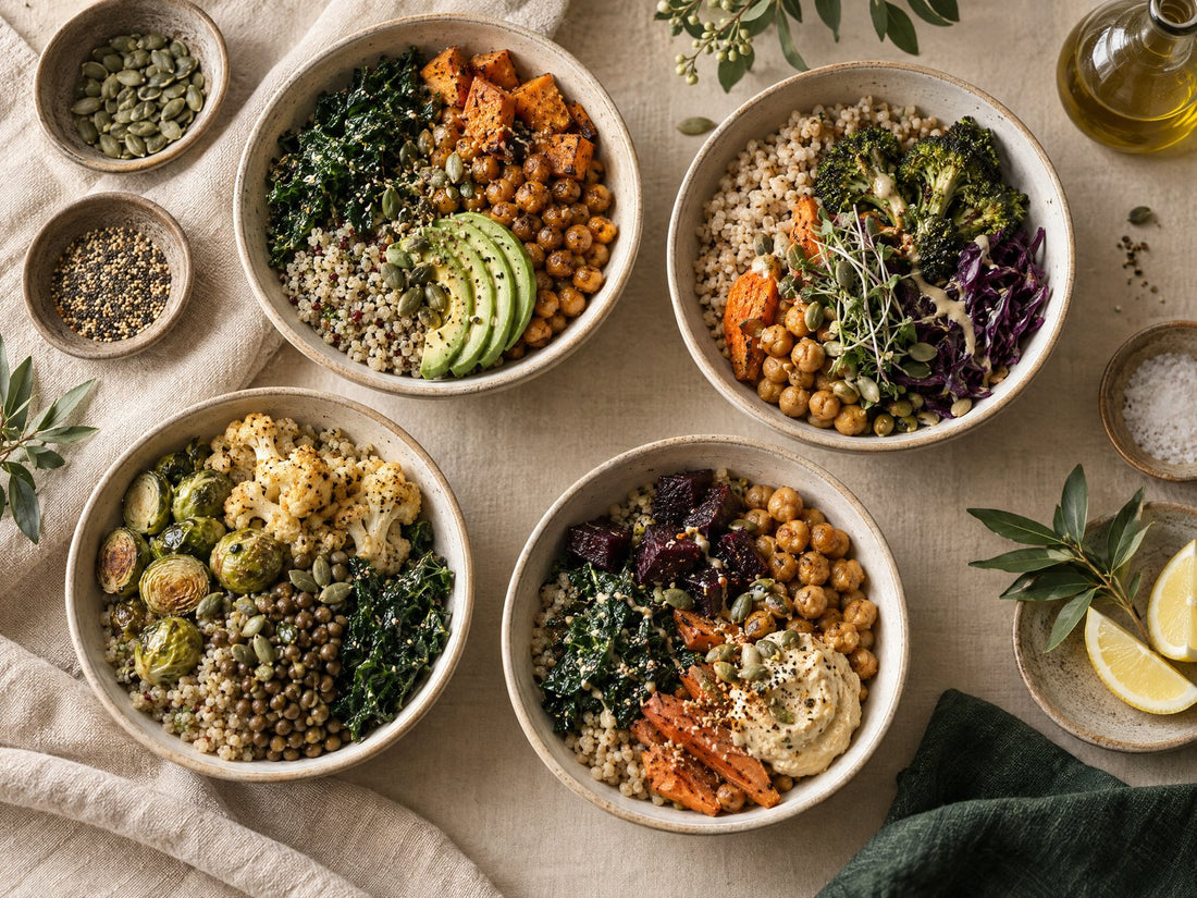 Uitgebalanceerde meal-prep bowls met granen, groente en peulvruchten