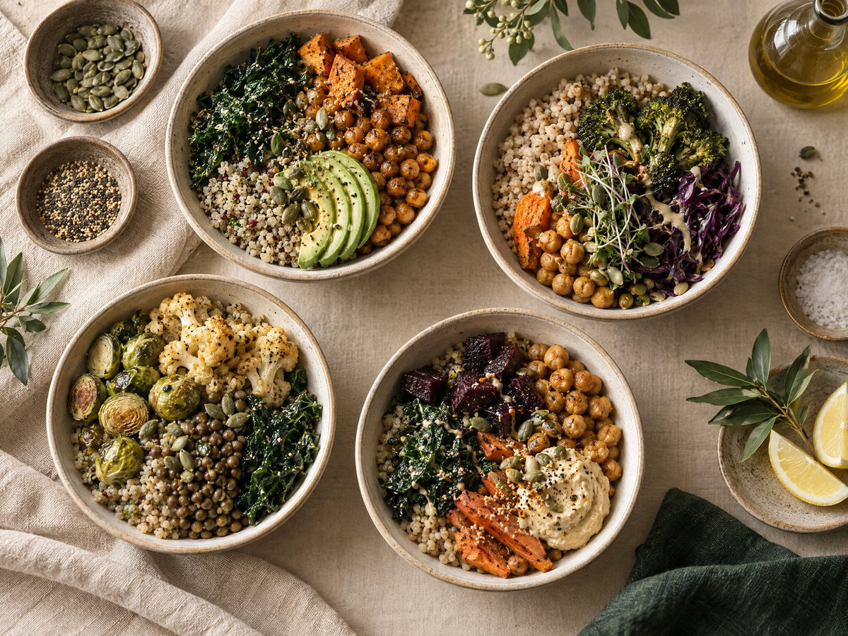 Uitgebalanceerde meal-prep bowls met granen, groente en peulvruchten