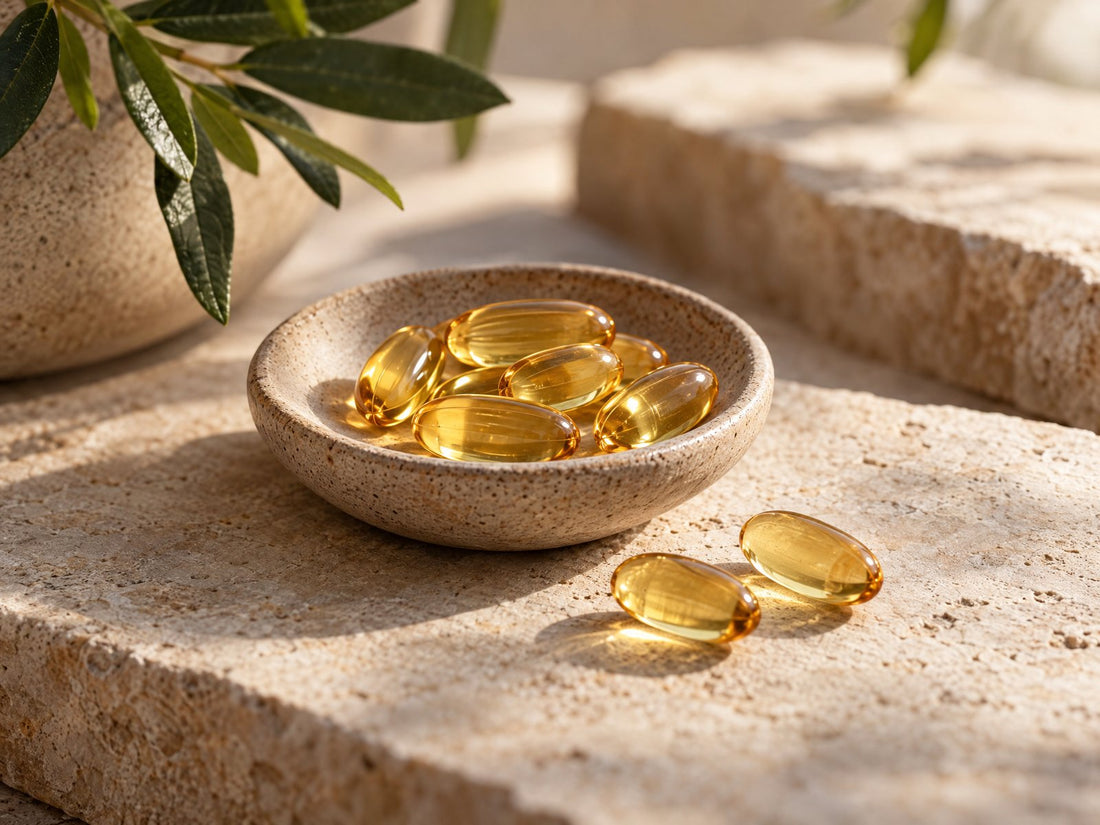 Omega 3 olie-capsules in een aardewerken schaaltje op natuursteen