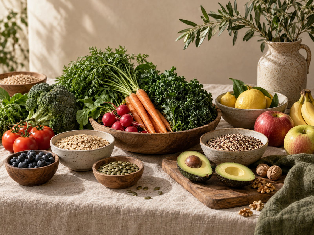 Verse onbewerkte groente, granen en fruit op linnen