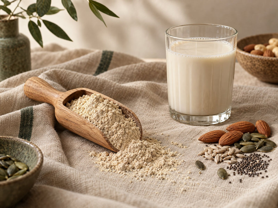 Houten schep plantaardig eiwitpoeder met een glas plantaardige melk en noten