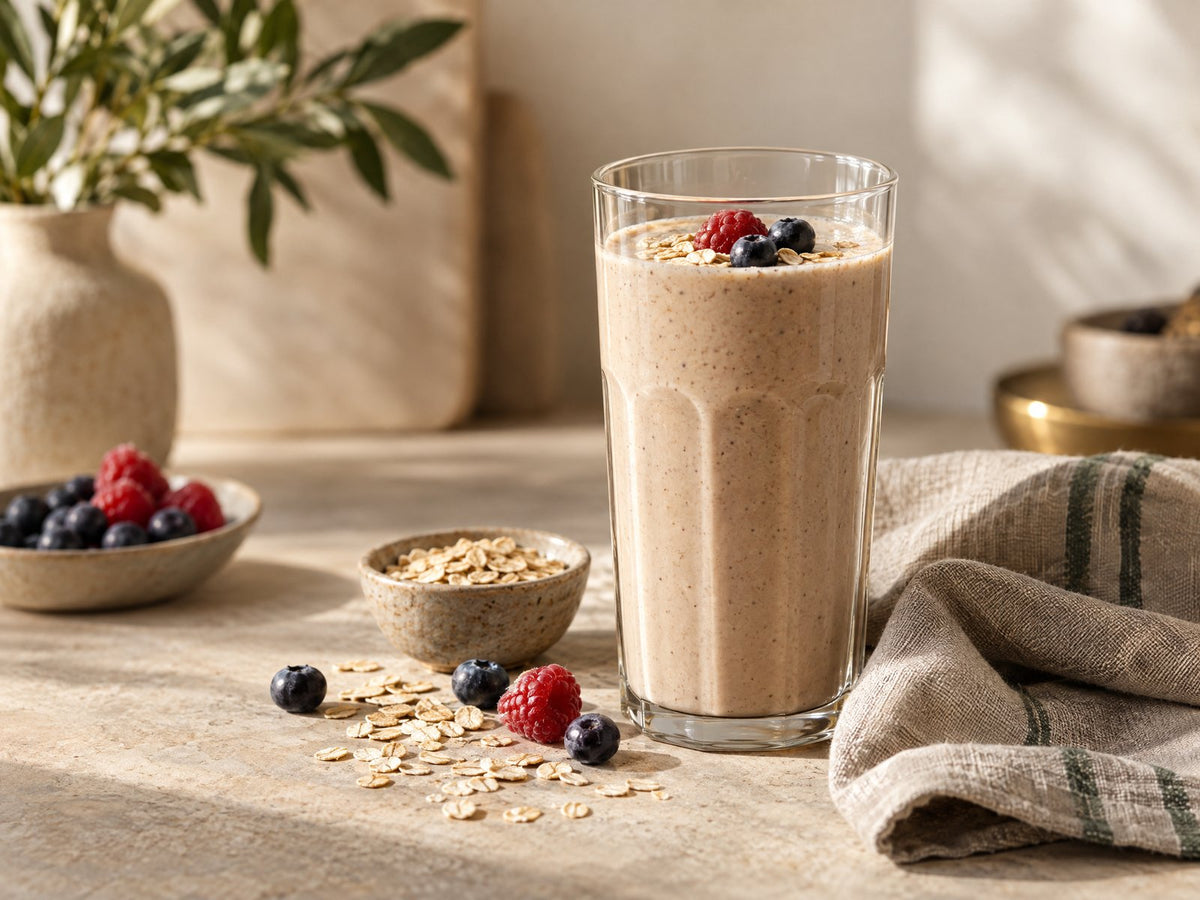 Proteineshake in een glas met haver en verse bessen op linnen