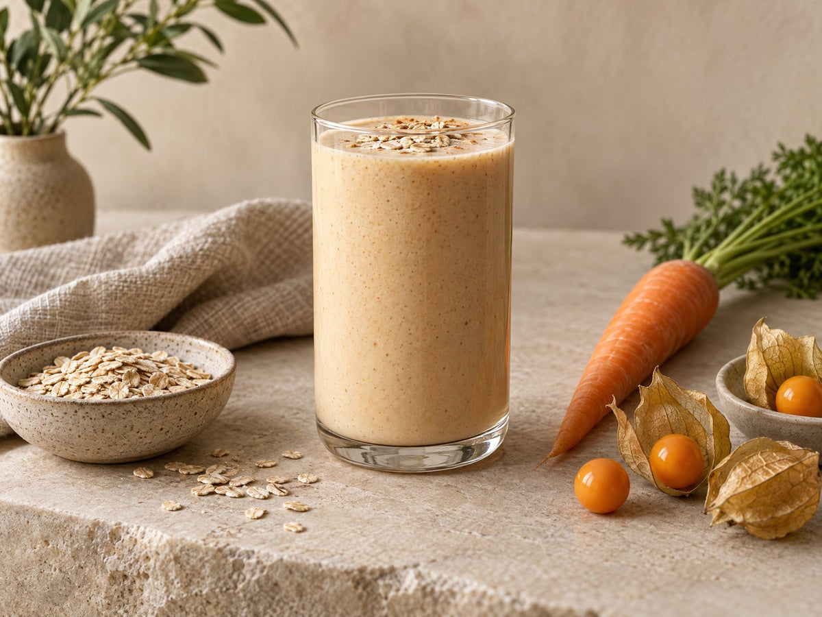 Romige proteïneshake in een glas met haver, wortel en physalis