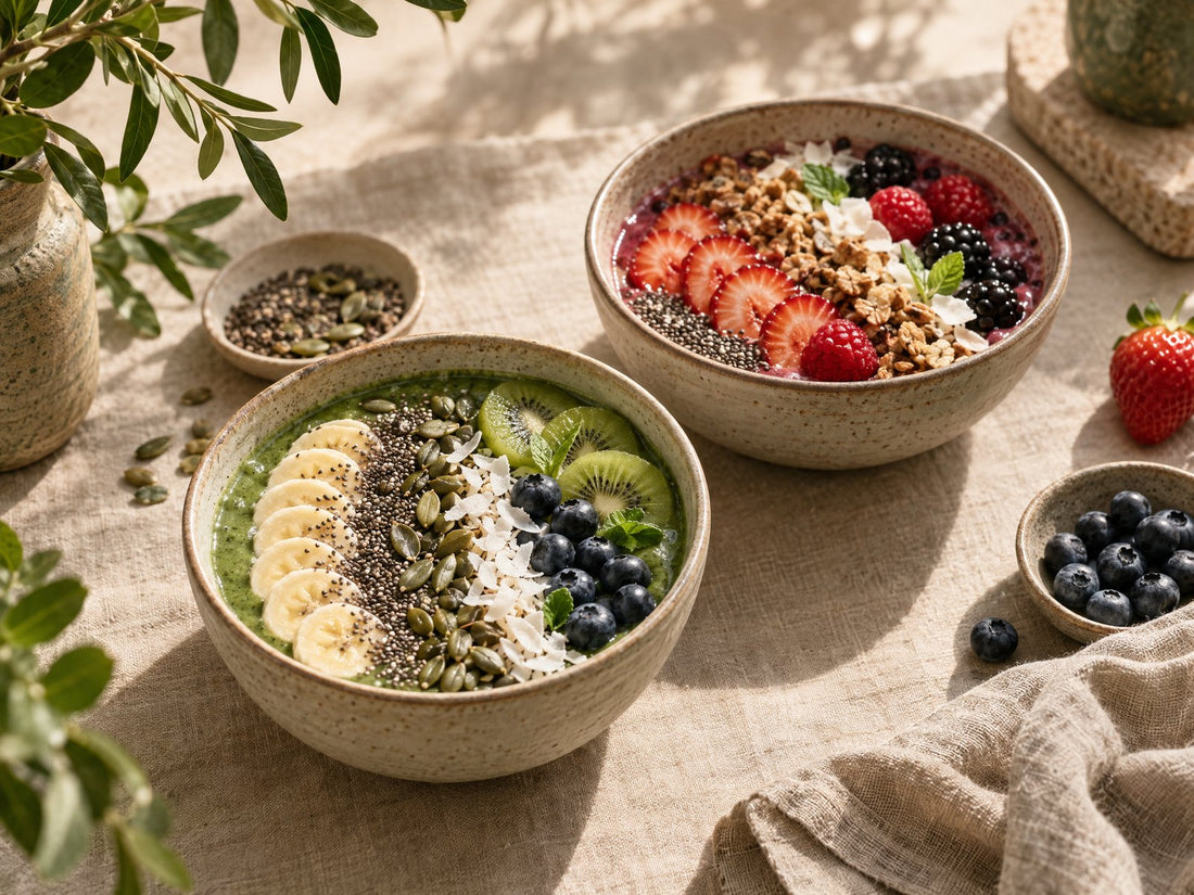 Twee smoothie bowls met vers fruit, bessen en zaden op linnen