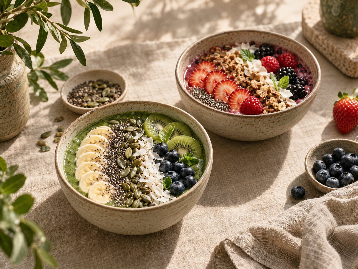 Twee smoothie bowls met vers fruit, bessen en zaden op linnen