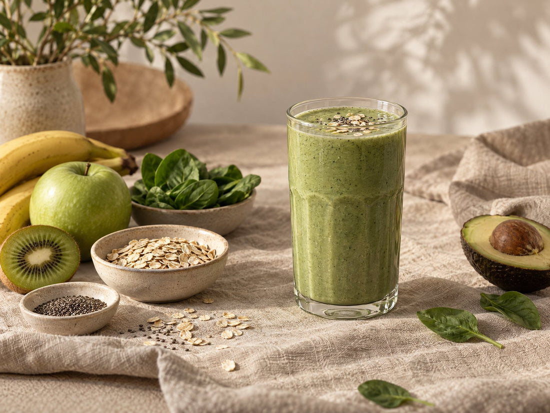 Smoothie in een glas met vers fruit en haver op linnen