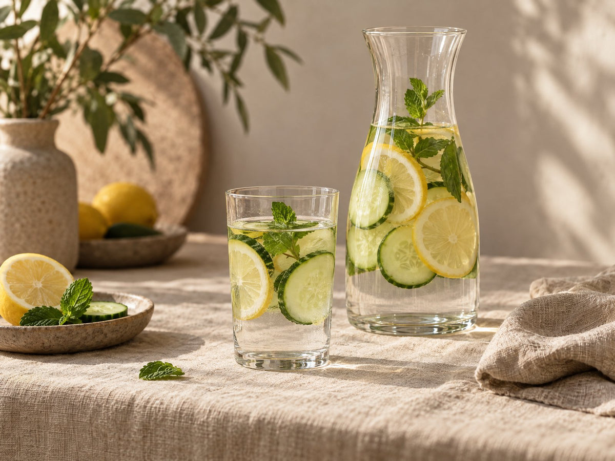 Glas en karaf water met komkommer, citroen en munt op linnen