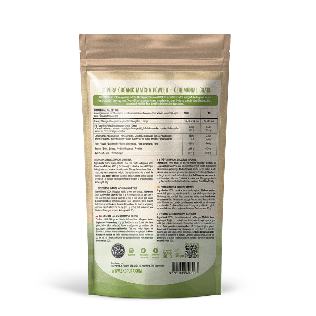 Ekopura Matcha Pulver Bio, Rückseite mit Nährwerten, Zutaten und Verwendung
