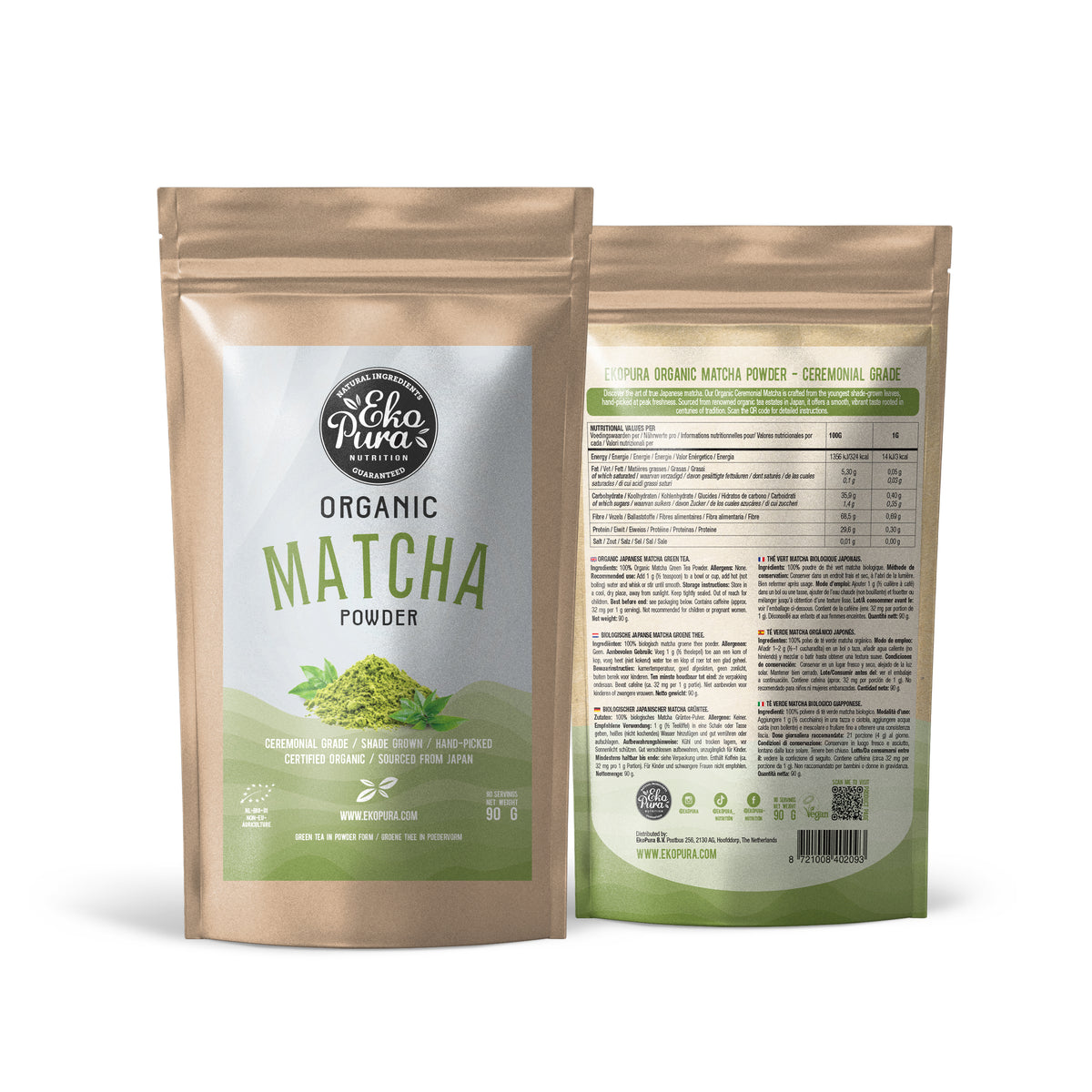 Ekopura Matcha Pulver Bio, Vorder- und Rückseite des Beutels
