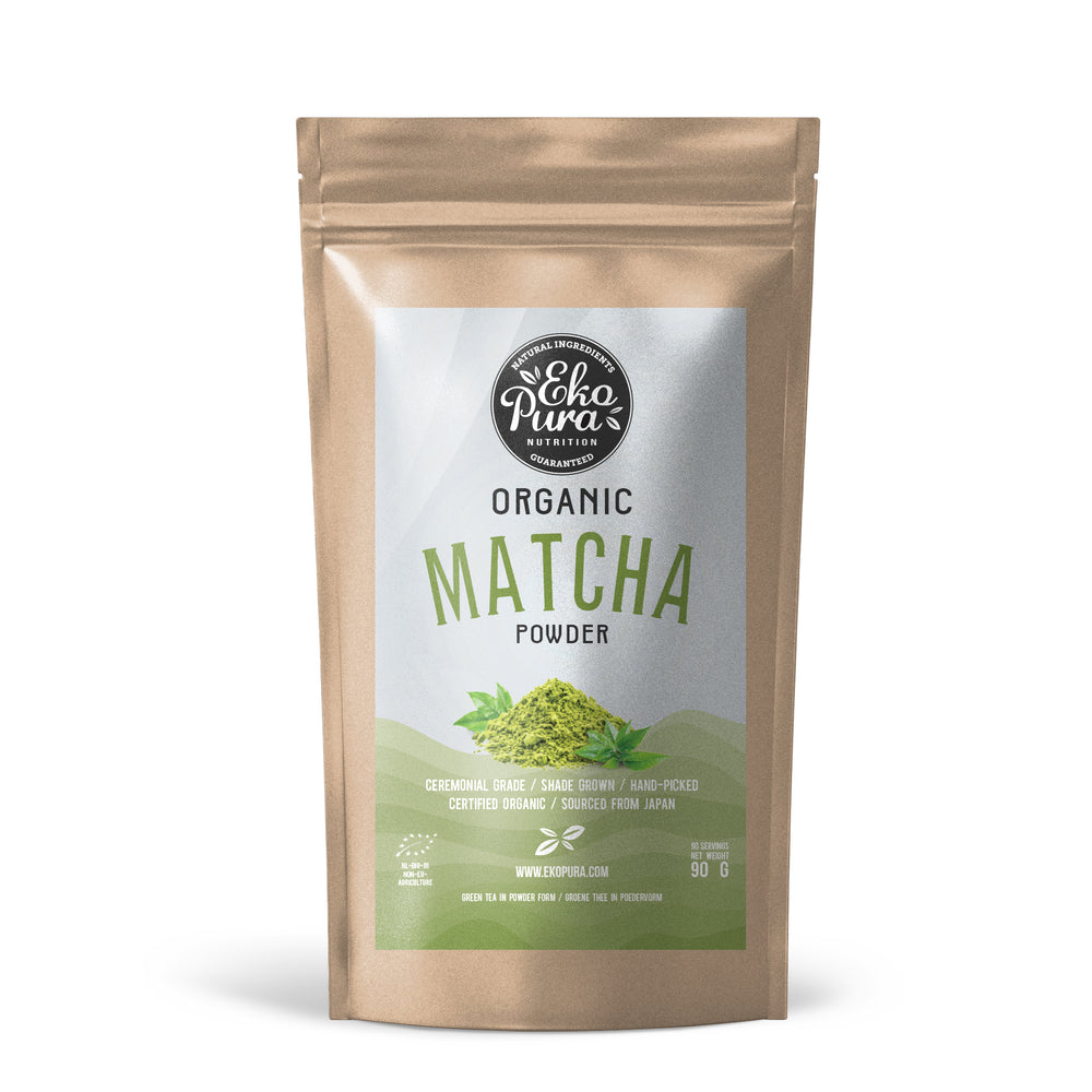 Ekopura Matcha in polvere biologico, busta da 90 g, fronte con il logo biologico dell’UE