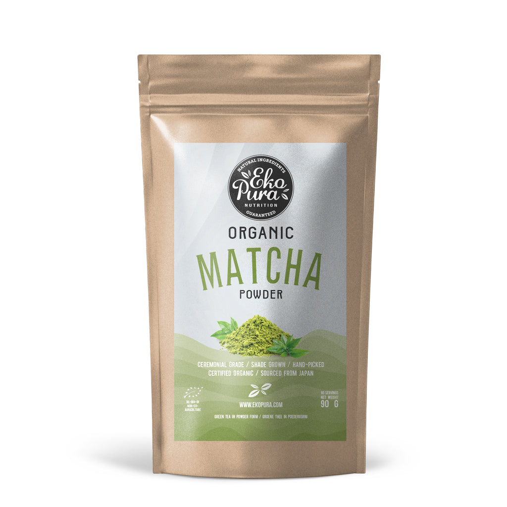 Ekopura Matcha Pulver Bio, 90-Gramm-Beutel, Vorderseite mit EU-Bio-Logo